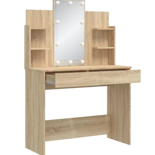 vidaXL Sminkbord>Sminkbord med LED sonoma-ek 96x40x142 cm
