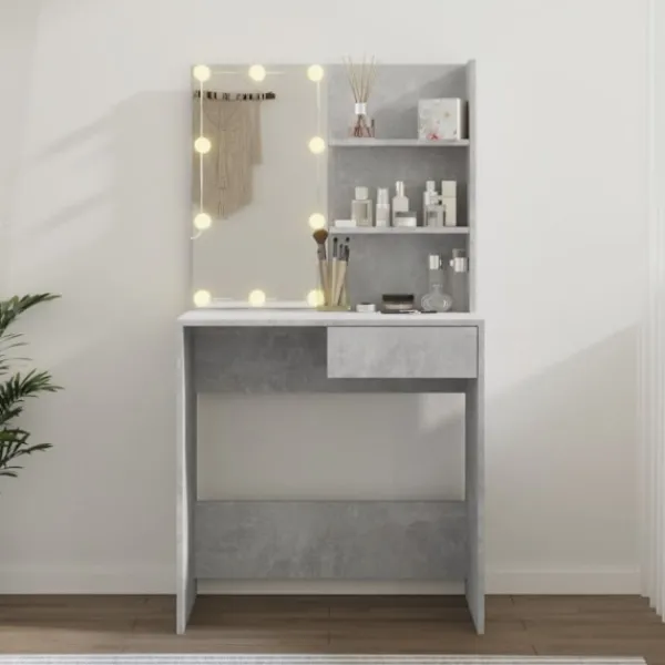 vidaXL Sminkbord>Sminkbord med LED betong 74,5x40x141 cm