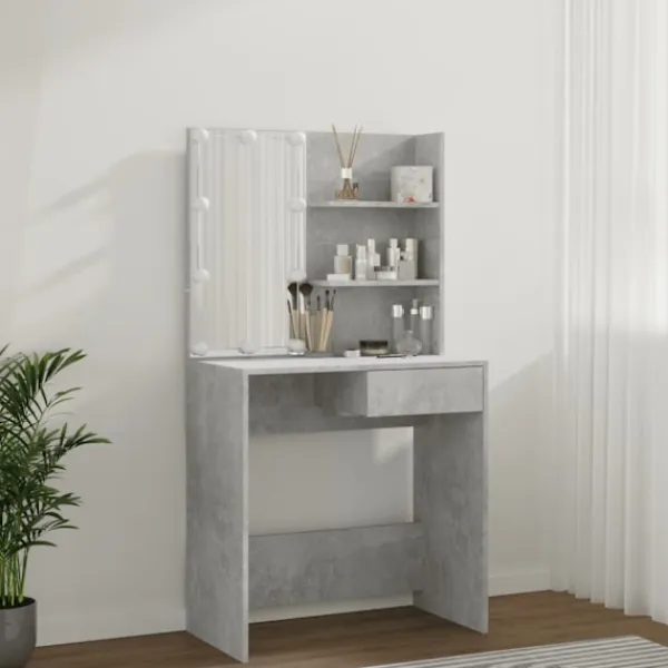 vidaXL Sminkbord>Sminkbord med LED betong 74,5x40x141 cm