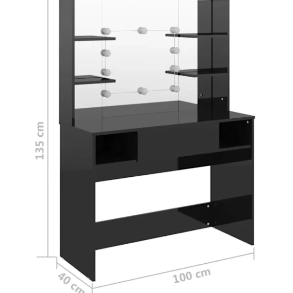 vidaXL Sminkbord>Sminkbord med LED-belysning 100x40x135 cm MDF glänsande