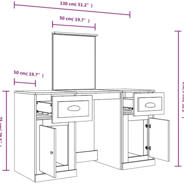 vidaXL Sminkbord>Sminkbord med spegel sonoma 130x50x132,5 cm