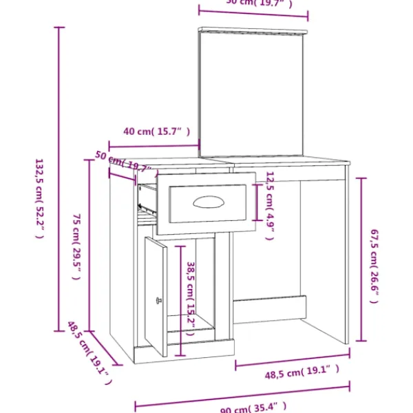 vidaXL Sminkbord>Sminkbord med spegel rökfärgad ek 90x50x132,5cm konstruerat trä