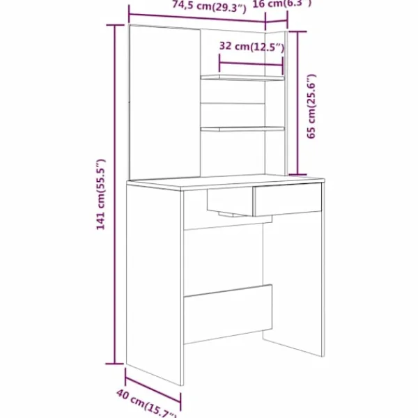vidaXL Sminkbord>Sminkbord med spegel ek 74,5x40x141 cm