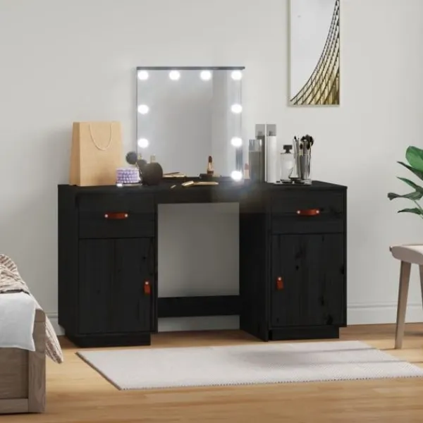 vidaXL Sminkbord>Sminkbord med spegel LED massiv furu