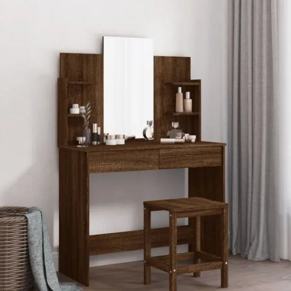 vidaXL Sminkbord>Sminkbord med spegel ek 96x39x142 cm