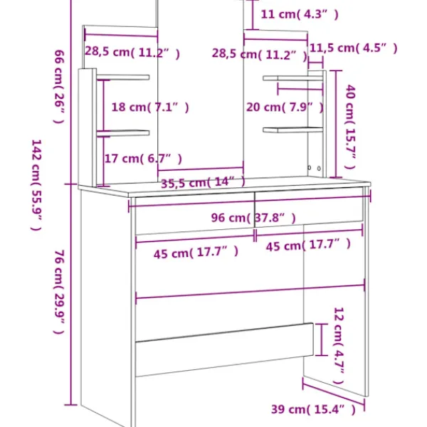 vidaXL Sminkbord>Sminkbord med spegel ek 96x39x142 cm