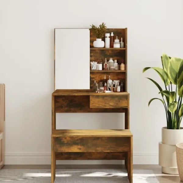 vidaXL Sminkbord>Sminkbord med spegel rökfärgad ek 74,5x40x141 cm
