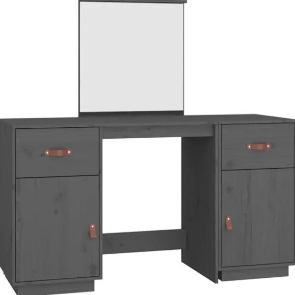 vidaXL Sminkbord>Sminkbord med spegel massiv furu