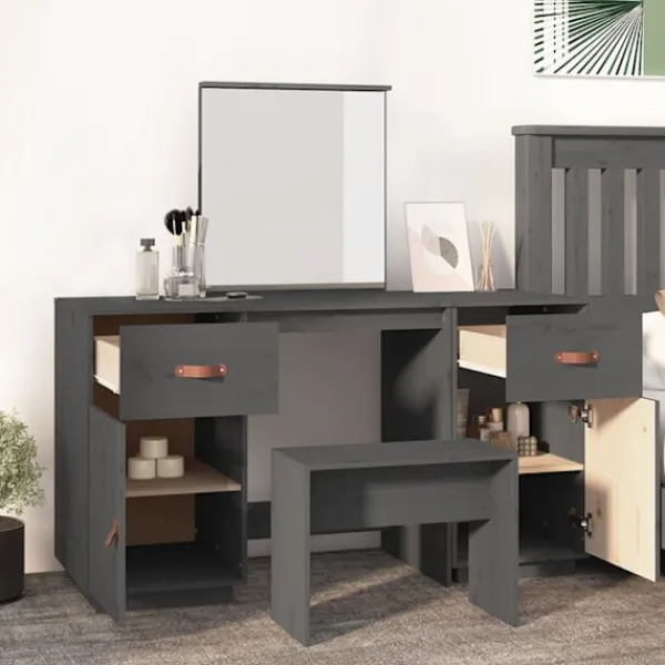 vidaXL Sminkbord>Sminkbord med spegel massiv furu