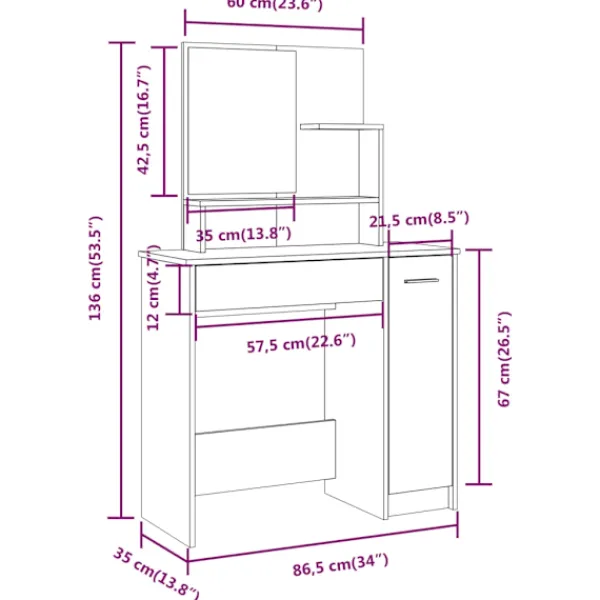 vidaXL Sminkbord>Sminkbord med spegel ek 86,5x35x136 cm