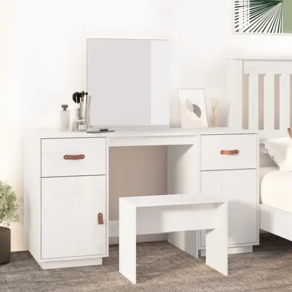vidaXL Sminkbord>Sminkbord med spegel massiv furu