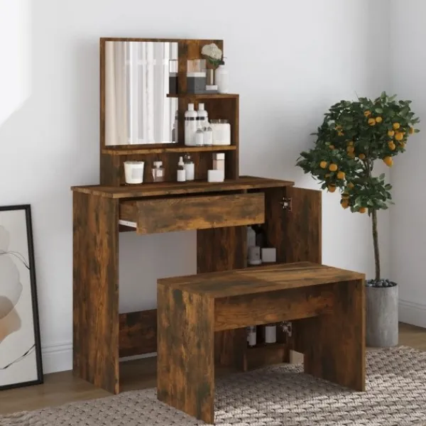 vidaXL Sminkbord>Sminkbord set rökfärgad ek 86,5x35x136 cm