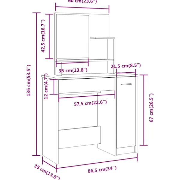vidaXL Sminkbord>Sminkbord set rökfärgad ek 86,5x35x136 cm
