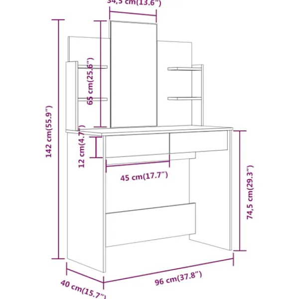 vidaXL Sminkbord>Sminkbord set sonoma 96x40x142 cm