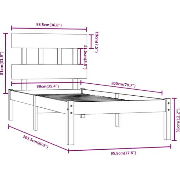 vidaXL Sängar>Sängram massivt trä 90x200 cm