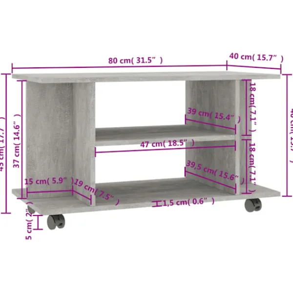 vidaXL Tv-Bänkar>Tv-bänk med hjul betong 80x40x45 cm konstruerat trä