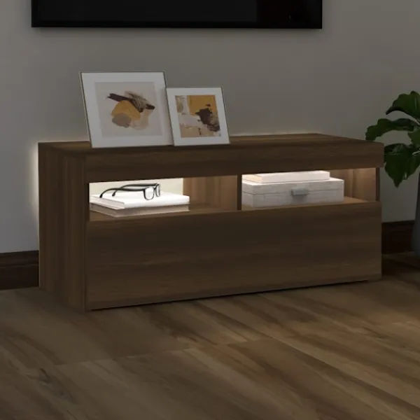 vidaXL Tv-Bänkar>Tv-bänk med LED-belysning ek 90x35x40 cm