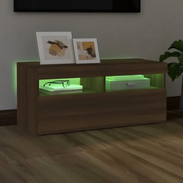 vidaXL Tv-Bänkar>Tv-bänk med LED-belysning ek 90x35x40 cm