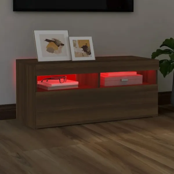 vidaXL Tv-Bänkar>Tv-bänk med LED-belysning ek 90x35x40 cm