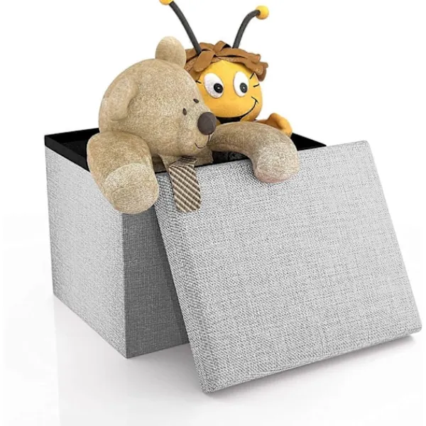 Sittpuffar>Vikbar Ottoman 30x30x30 cm i Alaska Grå - Dekorativ Förvaringslåda i Linne-look Tyg för att Spara Utrymme - Pall med Förvaring