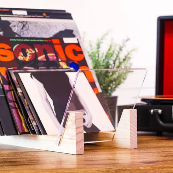 Hyllor>Vinylförvaring - Ställ för 50 skivor 33 eller 45 RPM - Modern och dekorativ vinylförvaring med svart massiv träbas och klar akrylram