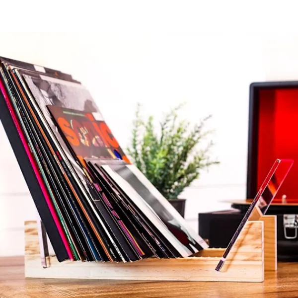 Hyllor>Vinylförvaring - Ställ för 50 skivor 33 eller 45 RPM - Modern och dekorativ vinylförvaring med svart massiv träbas och klar akrylram
