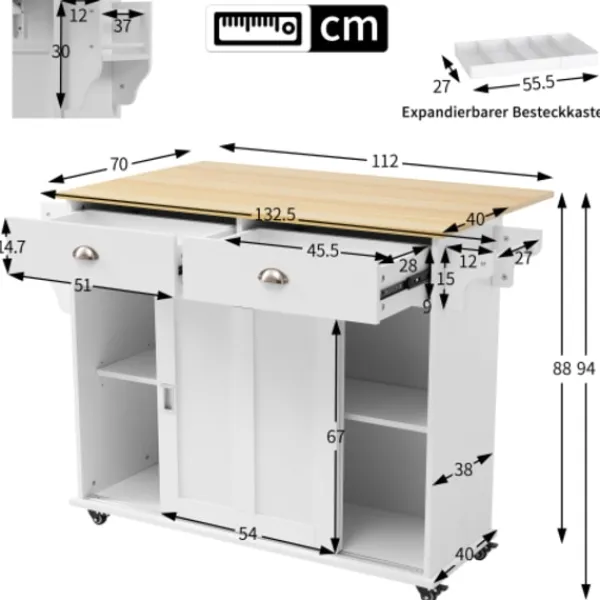Köksö>Vit serveringsvagn 112cm – Fällbar massiv träskiva & förvaringsdörrar – Med hjul/träfötter för kök/matsal