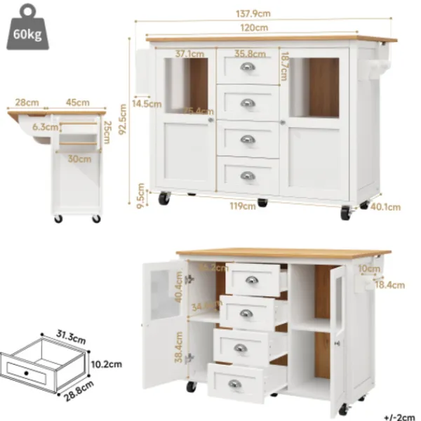 Köksö>Vit/Svart köksö 120x45x93 cm – utdragbar vagn med kryddhylla, handdukshängare & 4 lådor