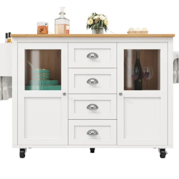 Köksö>Vit/Svart köksö 120x45x93 cm – utdragbar vagn med kryddhylla, handdukshängare & 4 lådor