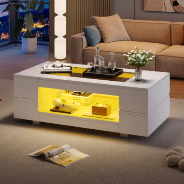 Soffbord>Vitt LED soffbord med Bluetooth-appstyrning, soffbord, vardagsrumsbord, lämpligt för fest, kontor, vardagsrum