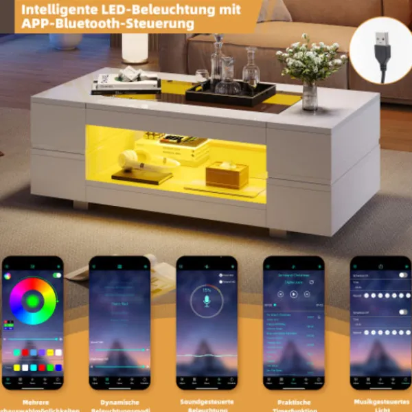 Soffbord>Vitt LED soffbord med Bluetooth-appstyrning, soffbord, vardagsrumsbord, lämpligt för fest, kontor, vardagsrum