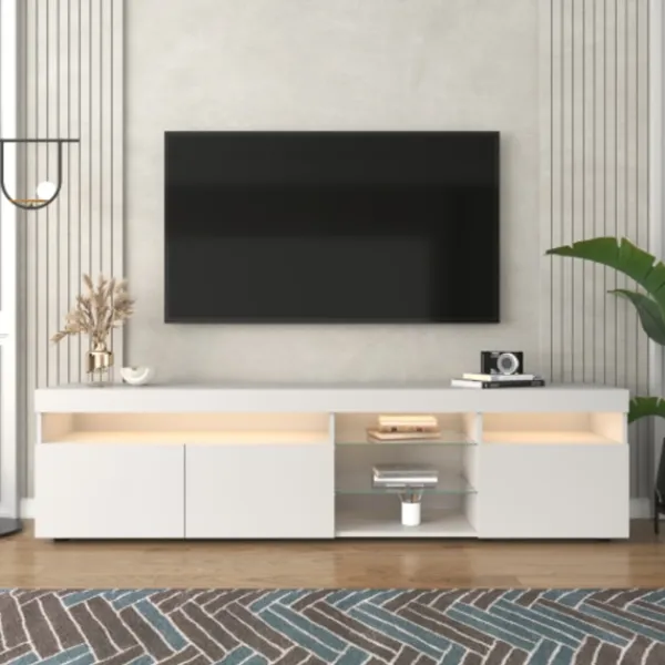 Tv-Bänkar>Vitt modernt TV-skåp, ljus panel, variabel LED-belysning, vardags- och matrum 180cm
