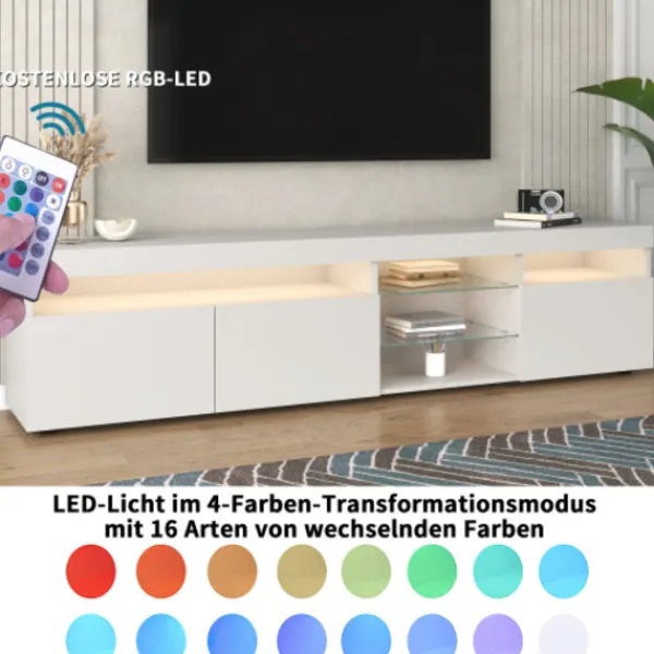 Tv-Bänkar>Vitt modernt TV-skåp, ljus panel, variabel LED-belysning, vardags- och matrum 180cm
