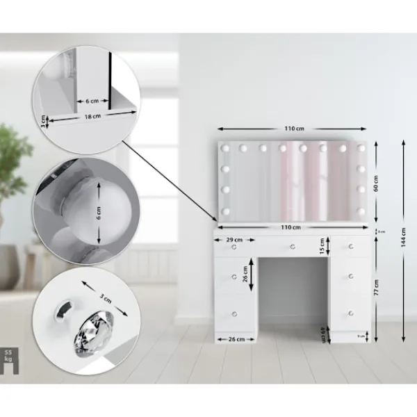 BellaFurn Sminkbord>Vitt sminkbord - toalettbord - LED -belysning, USB -portar