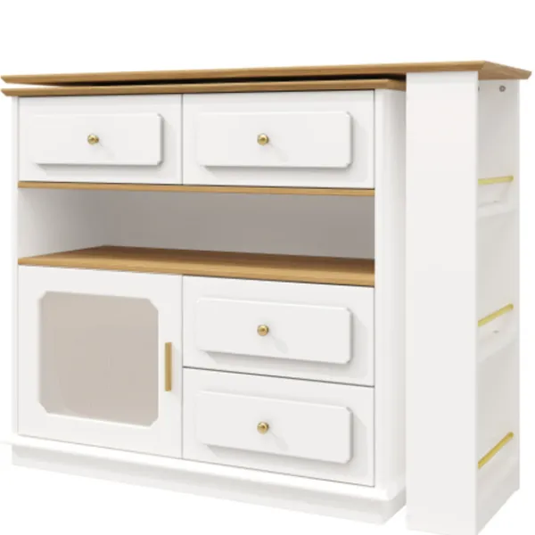 Köksö>Vitt utdragbart barbord med förvaringsutrymme (125-181×39×104,5 cm) – modern 360° roterande köksö med glashyllor & hög bordsfunktion