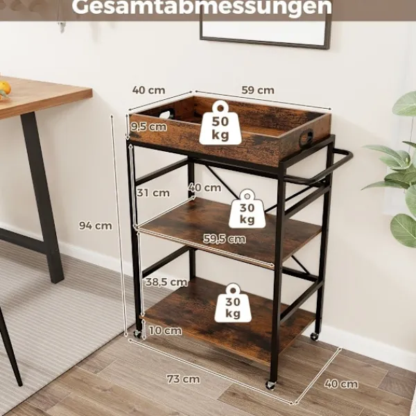 Northix Småbord>3-vånings serveringsvagn köksvagn med avtagbar bricka & handtag 73 x 40 x 94 cm brun + svart