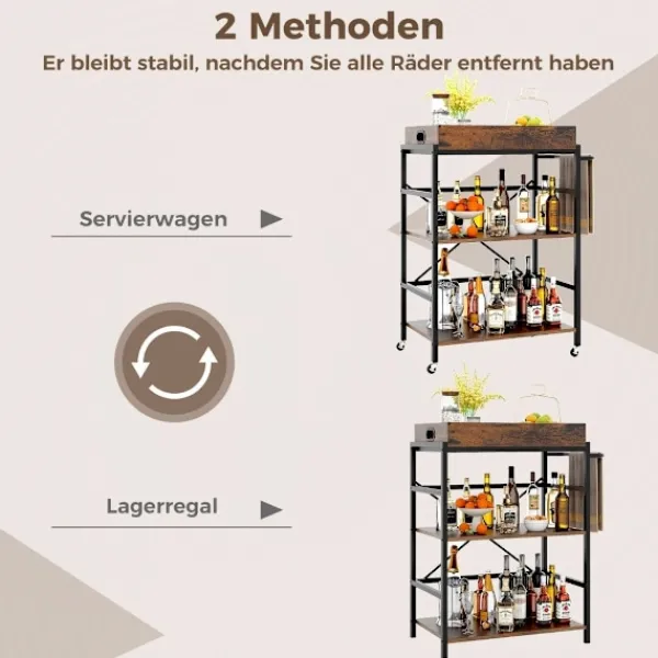 Northix Småbord>3-vånings serveringsvagn köksvagn med avtagbar bricka & handtag 73 x 40 x 94 cm brun + svart