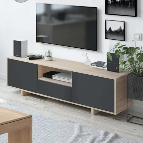 Tv-Bänkar>ZAIRA TV-skåp - Antracit och ek melamin - 3 dörrar - L150 x D41 x H46 cm